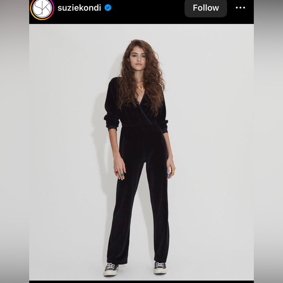 Suzie Kondi Selvi V-Neck Jumpsuit in black velour w gold lurex stripes, Medium - Picture 7 of 8